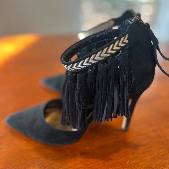 Cynthia Vincent Fringe Ankle Strap Heels Pointed Toe Party Shoes 6.5 - Picture 9 of 16